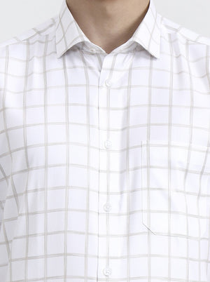 White & Beige Checked Regular Fit Formal Shirt | Greenfibre