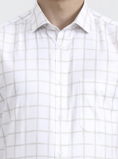 White & Beige Checked Regular Fit Formal Shirt | Greenfibre