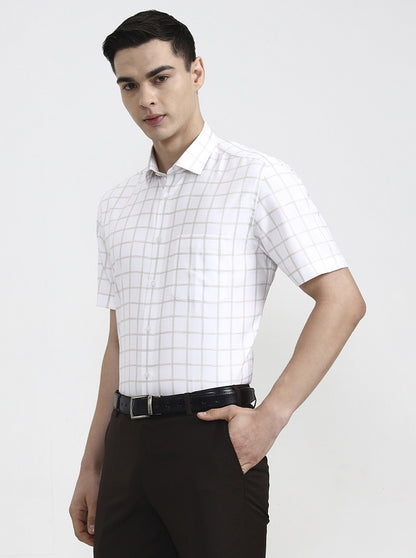 White & Beige Checked Regular Fit Formal Shirt | Greenfibre