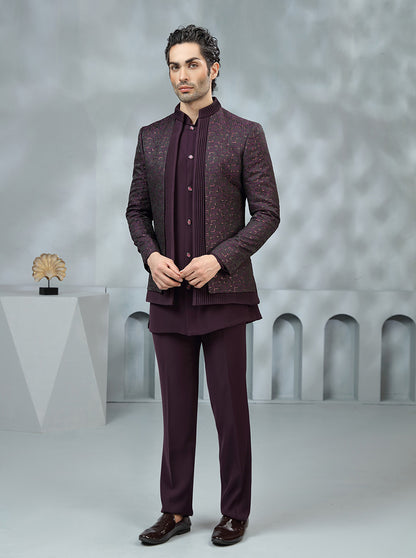 Wine Embroidered Jodhpuri Suit | TULA