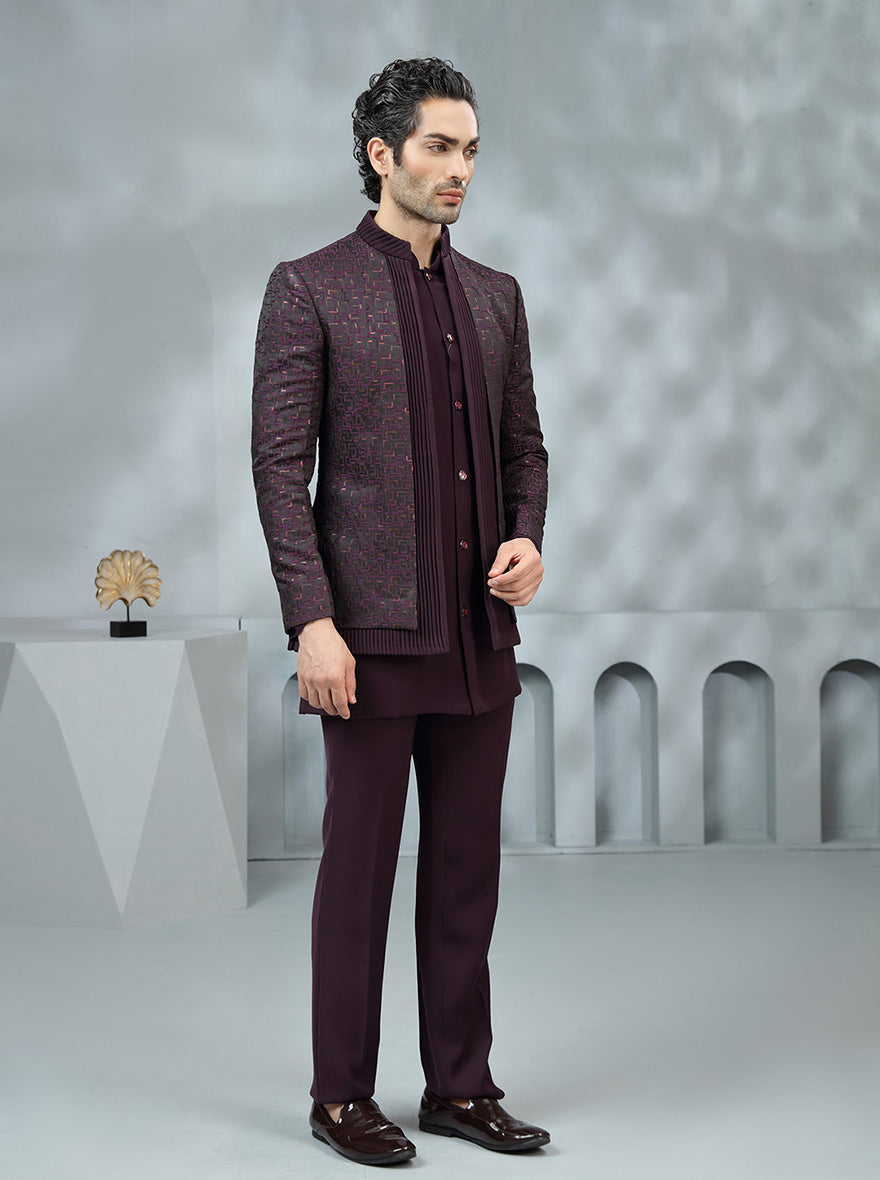 Wine Embroidered Jodhpuri Suit | TULA