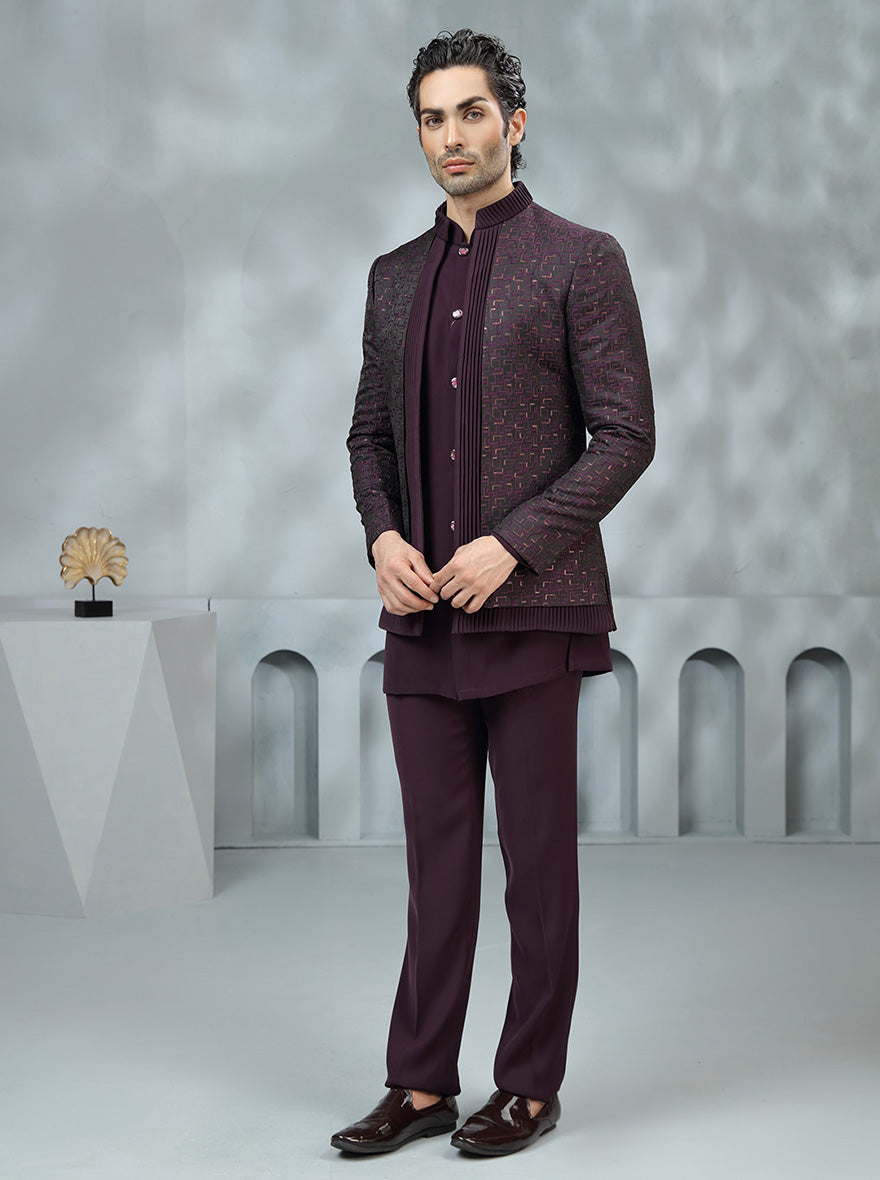 Wine Embroidered Jodhpuri Suit | TULA