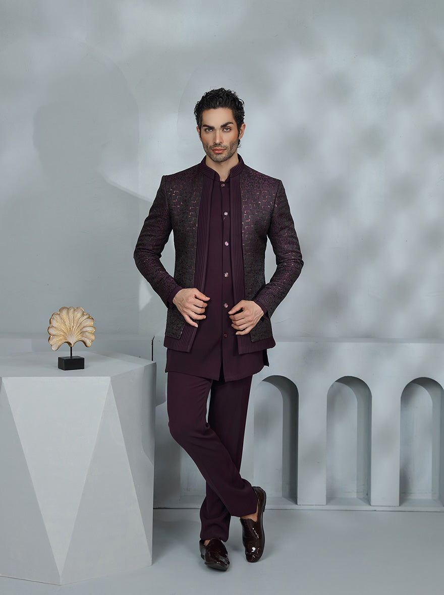 Wine Embroidered Jodhpuri Suit | TULA