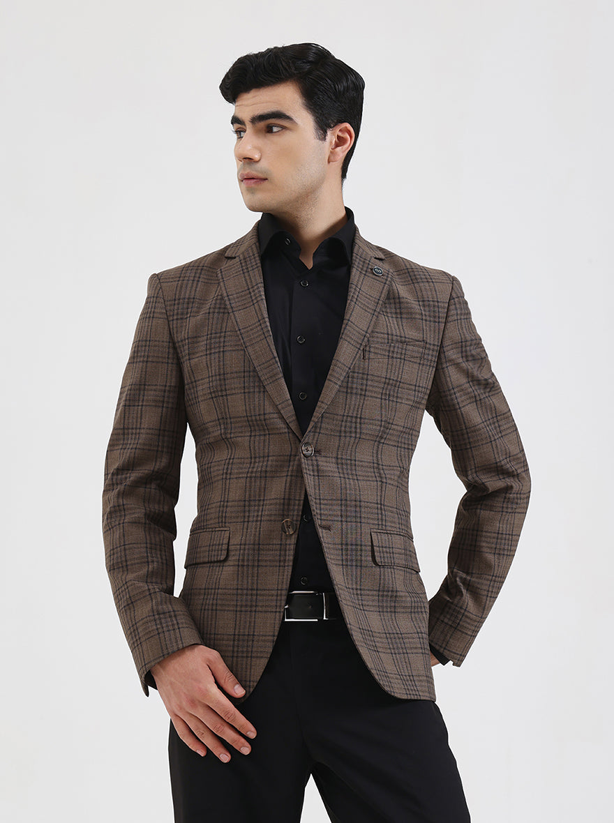 Brown Checked Regular Fit Blazer | JadeBlue
