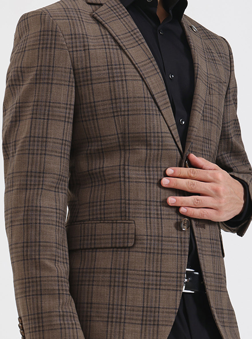 Brown Checked Regular Fit Blazer | JadeBlue