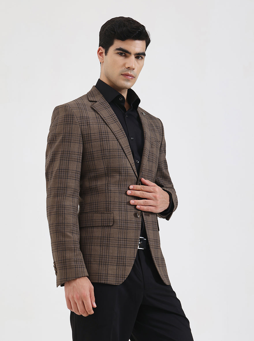 Brown Checked Regular Fit Blazer | JadeBlue