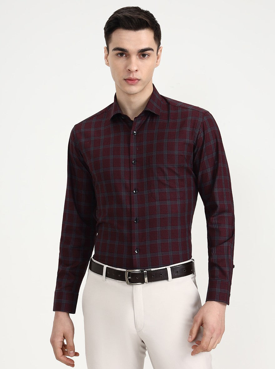 Maroon Checked Slim Fit Formal Shirt | Metal