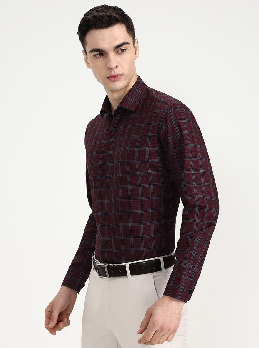Maroon Checked Slim Fit Formal Shirt | Metal