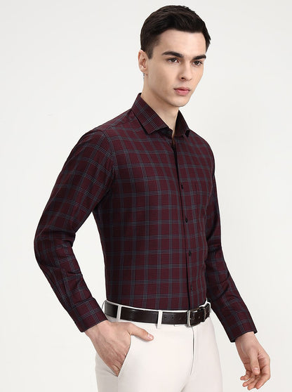 Maroon Checked Slim Fit Formal Shirt | Metal