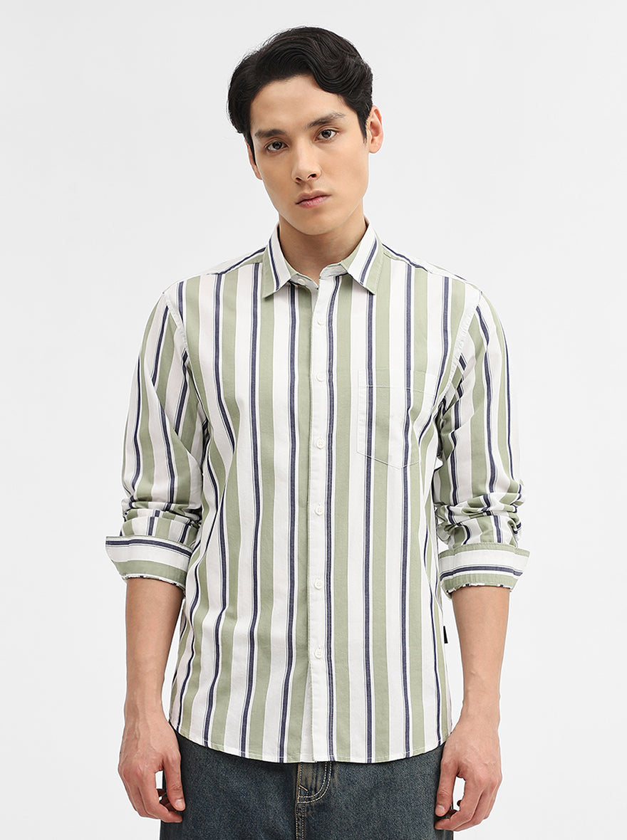 Green Striped Slim Fit Casual Shirt | Greenfibre