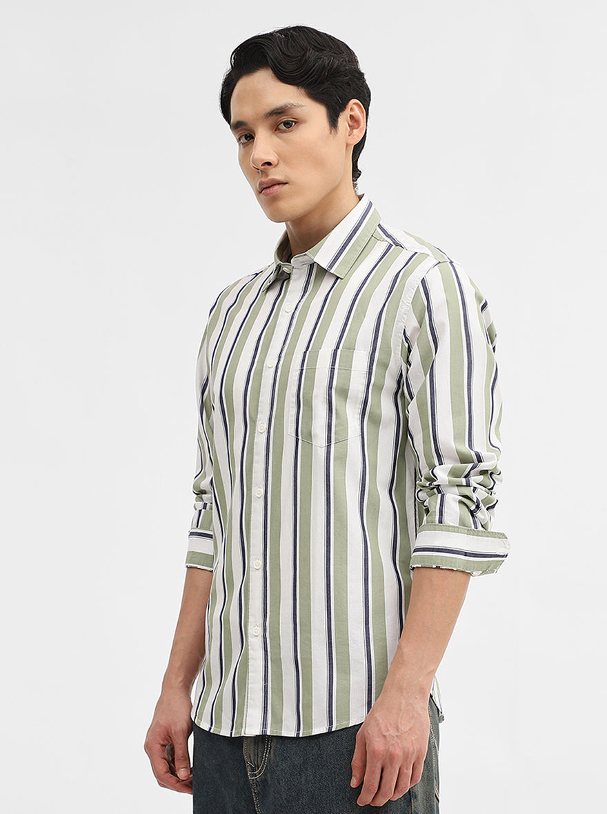Green Striped Slim Fit Casual Shirt | Greenfibre