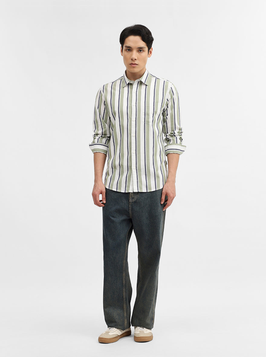 Green Striped Slim Fit Casual Shirt | Greenfibre