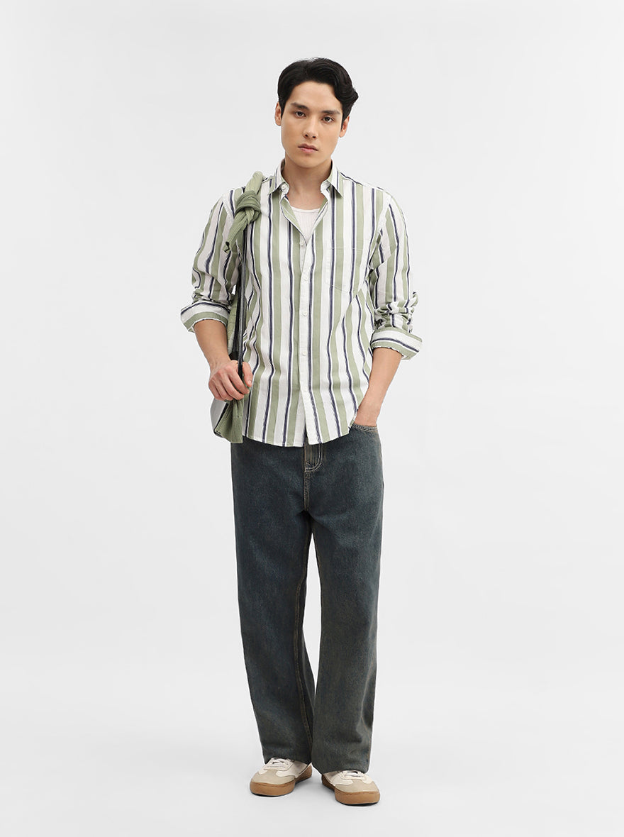 Green Striped Slim Fit Casual Shirt | Greenfibre