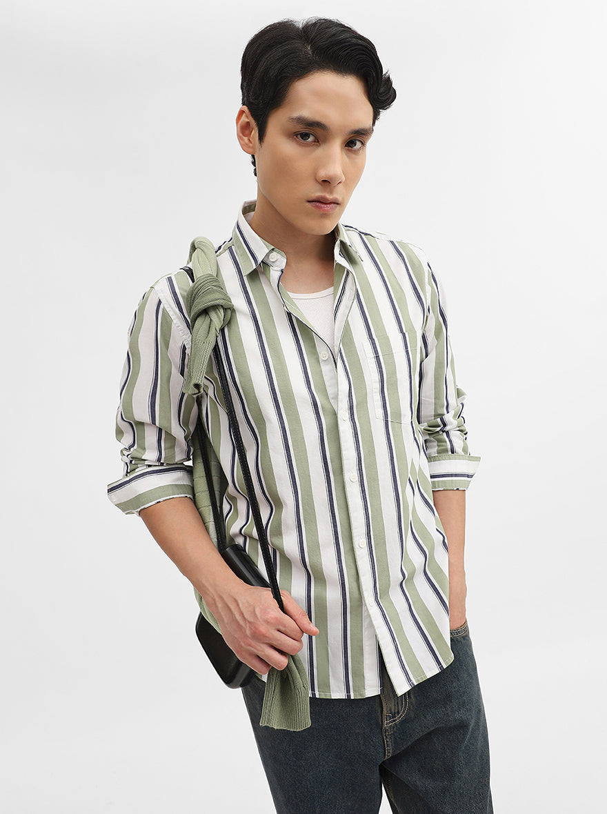 Green Striped Slim Fit Casual Shirt | Greenfibre