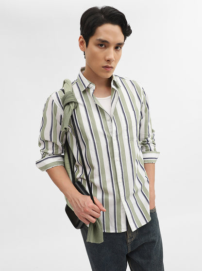 Green Striped Slim Fit Casual Shirt | Greenfibre