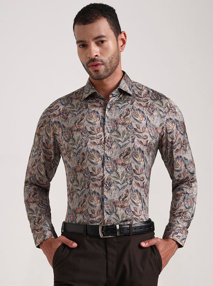 Olive Printed Slim Fit Formal Shirt | JadeBlue Super Luxe