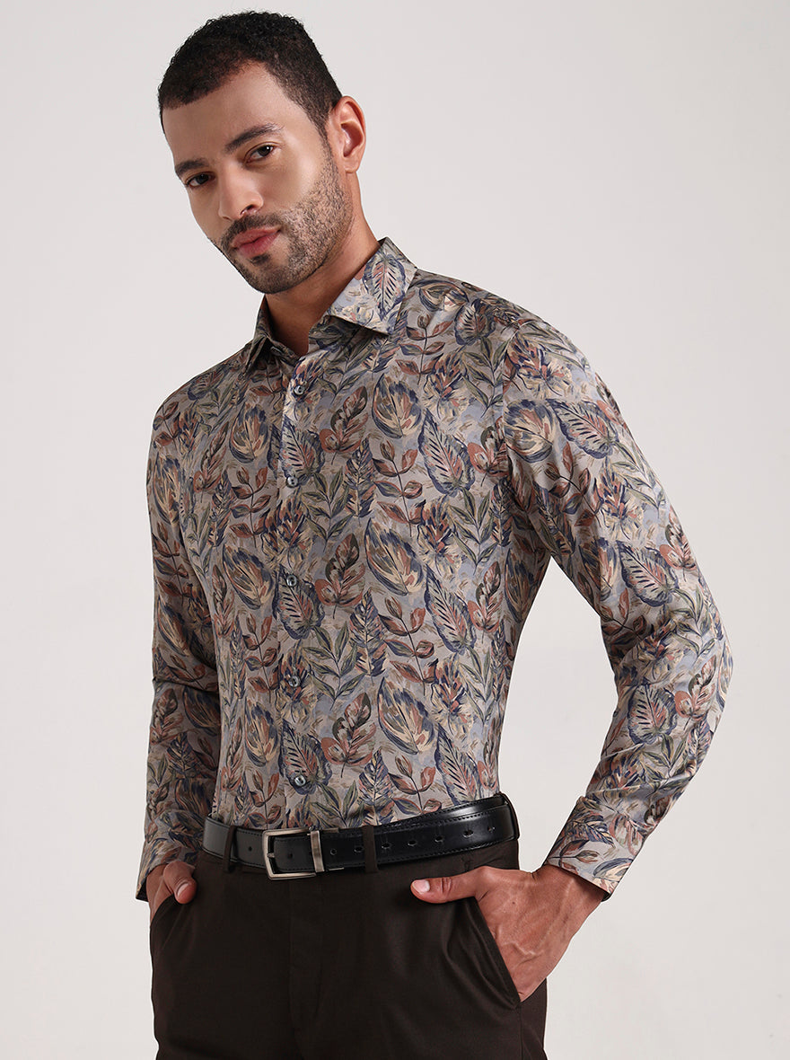 Olive Printed Slim Fit Formal Shirt | JadeBlue Super Luxe