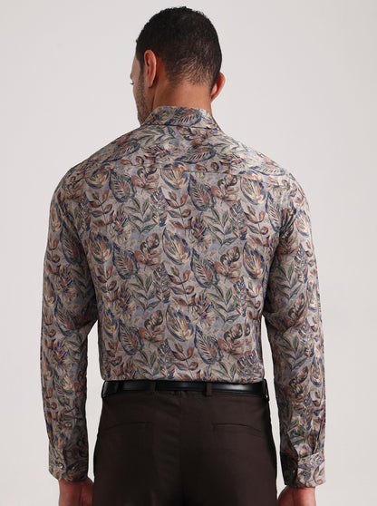 Olive Printed Slim Fit Formal Shirt | JadeBlue Super Luxe