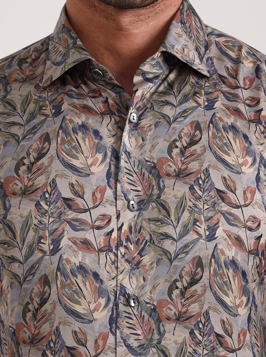 Olive Printed Slim Fit Formal Shirt | JadeBlue Super Luxe