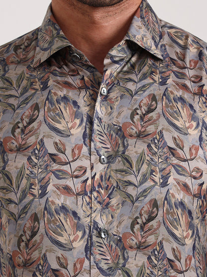 Olive Printed Slim Fit Formal Shirt | JadeBlue Super Luxe