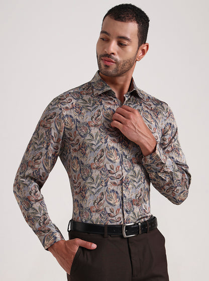 Olive Printed Slim Fit Formal Shirt | JadeBlue Super Luxe