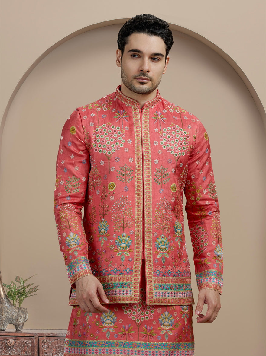 Orange Printed Kurta Pajama with Koti | TULA