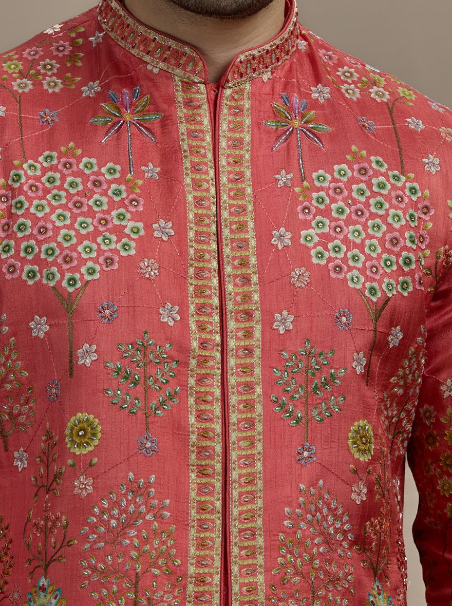 Orange Printed Kurta Pajama with Koti | TULA
