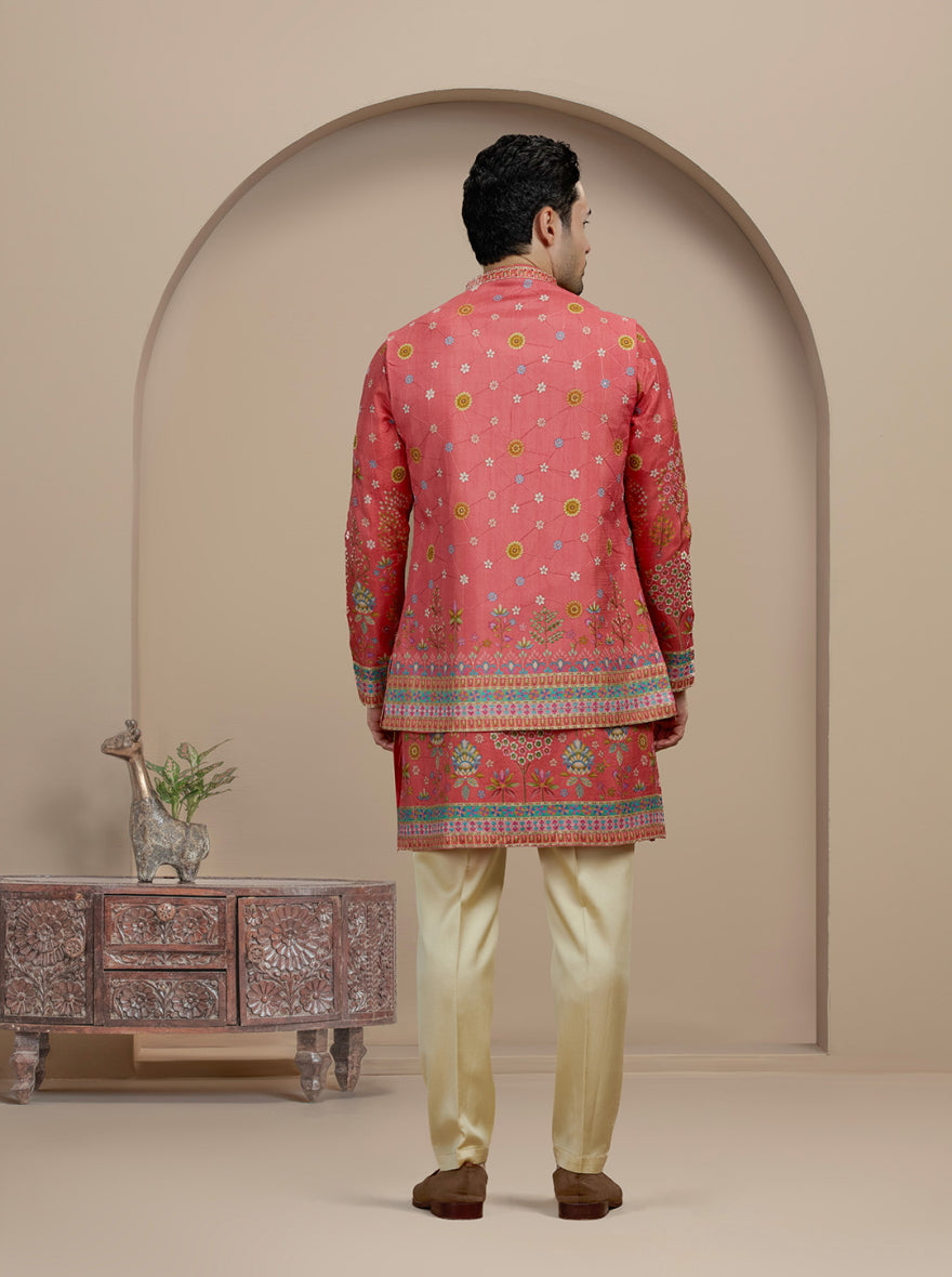 Orange Printed Kurta Pajama with Koti | TULA