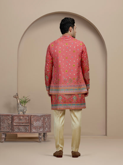 Orange Printed Kurta Pajama with Koti | TULA