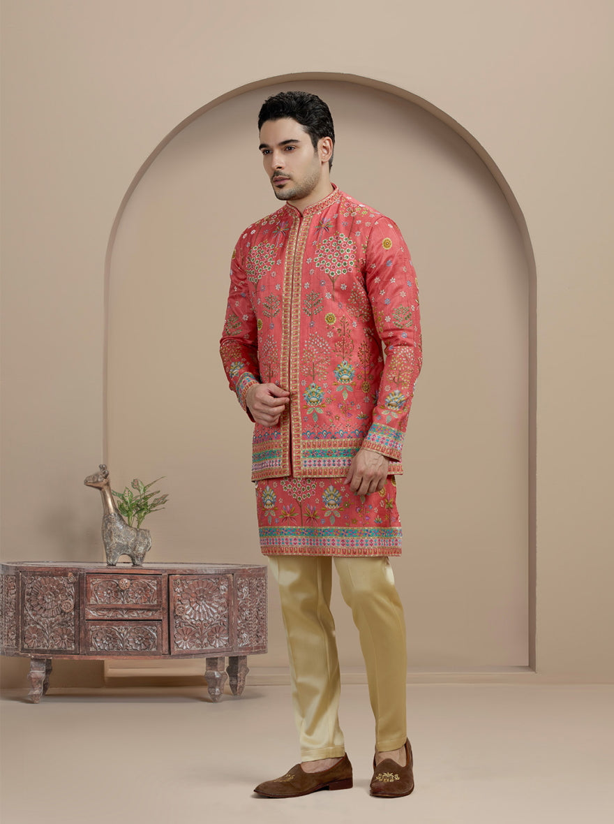 Orange Printed Kurta Pajama with Koti | TULA