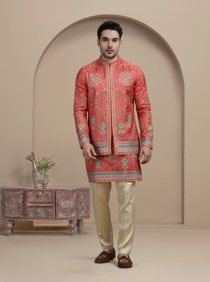 Orange Printed Kurta Pajama with Koti | TULA