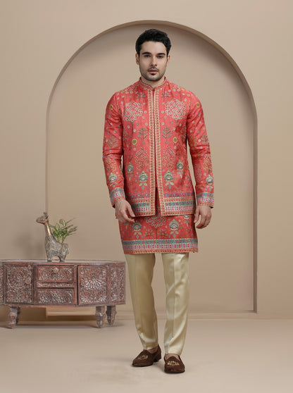 Orange Printed Kurta Pajama with Koti | TULA