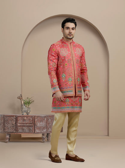 Orange Printed Kurta Pajama with Koti | TULA