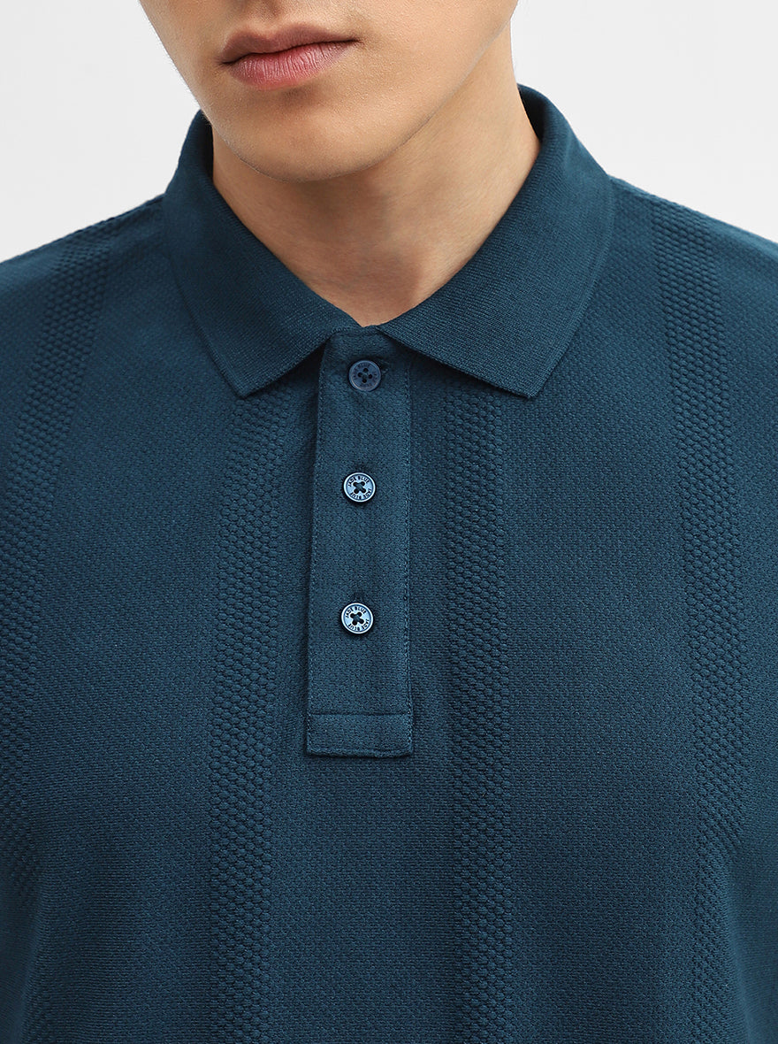 Teal Jacquard Slim Fit Polo T-Shirt | JadeBlue
