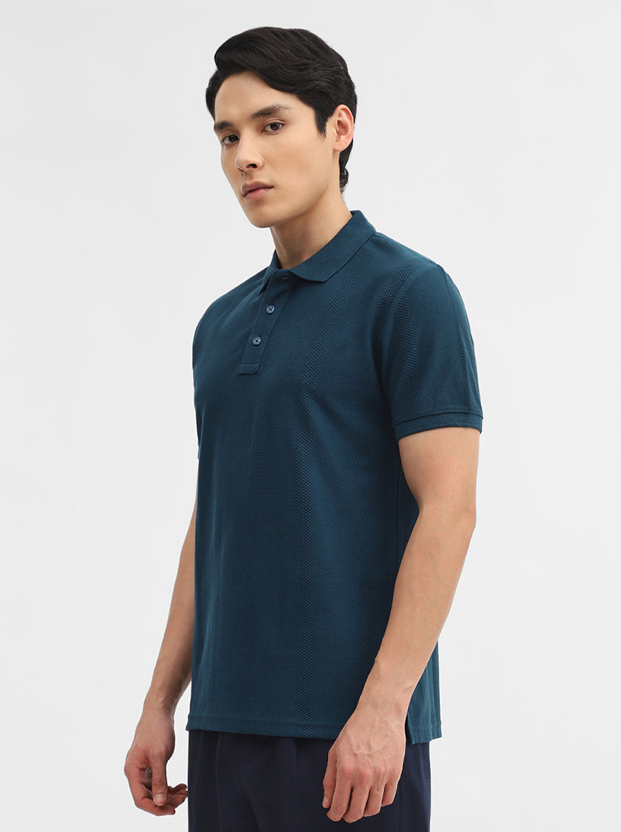Teal Jacquard Slim Fit Polo T-Shirt | JadeBlue