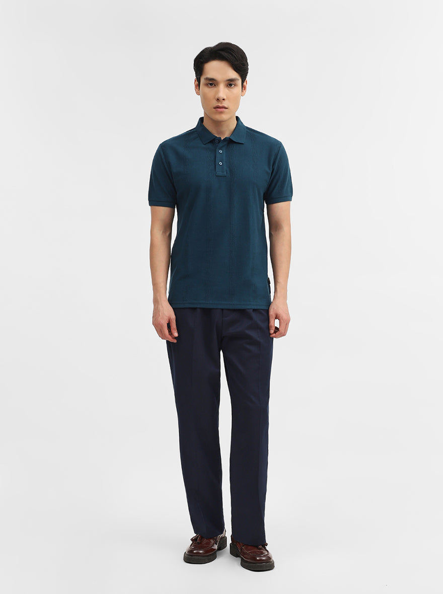 Teal Jacquard Slim Fit Polo T-Shirt | JadeBlue