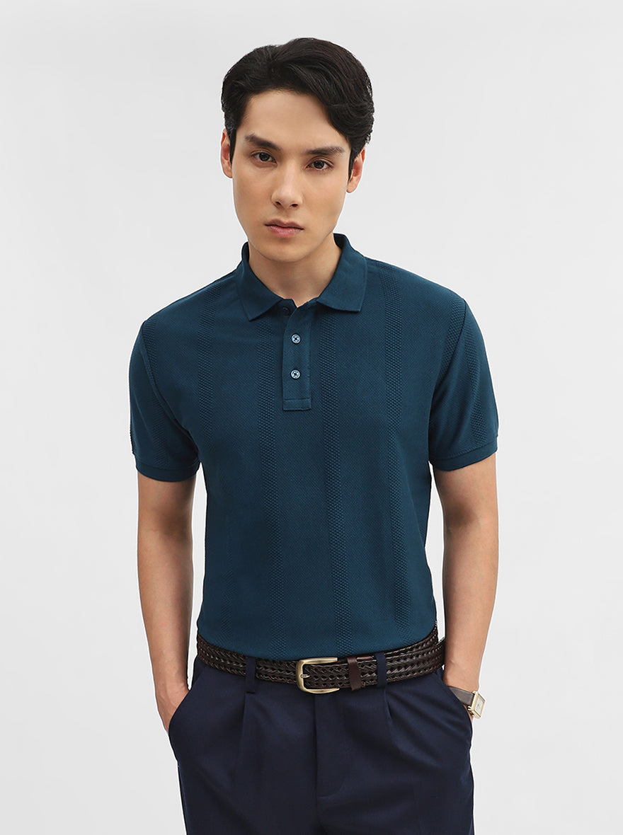 Teal Jacquard Slim Fit Polo T-Shirt | JadeBlue