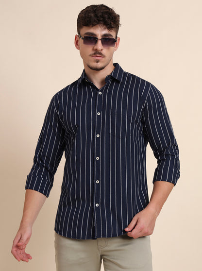 Navy Blue Striped Slim Fit Casual Shirt | JadeBlue