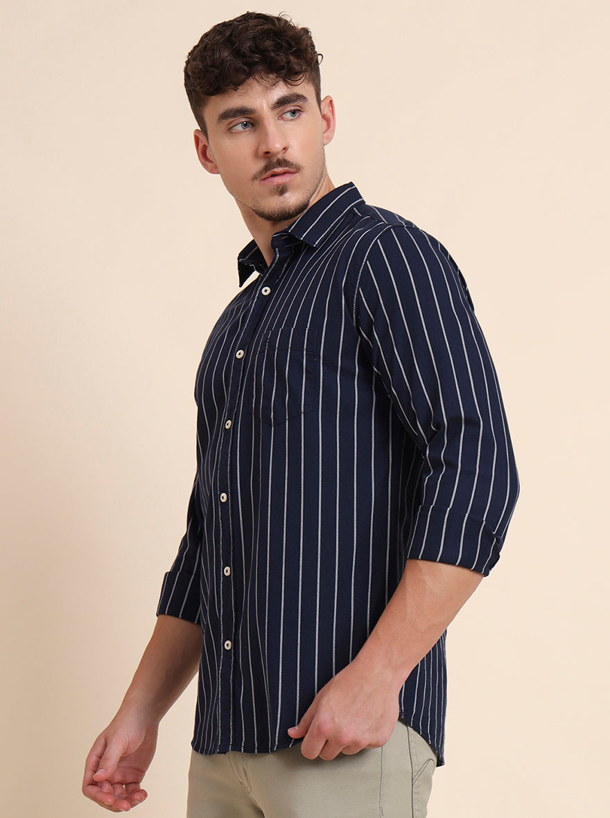 Navy Blue Striped Slim Fit Casual Shirt | JadeBlue