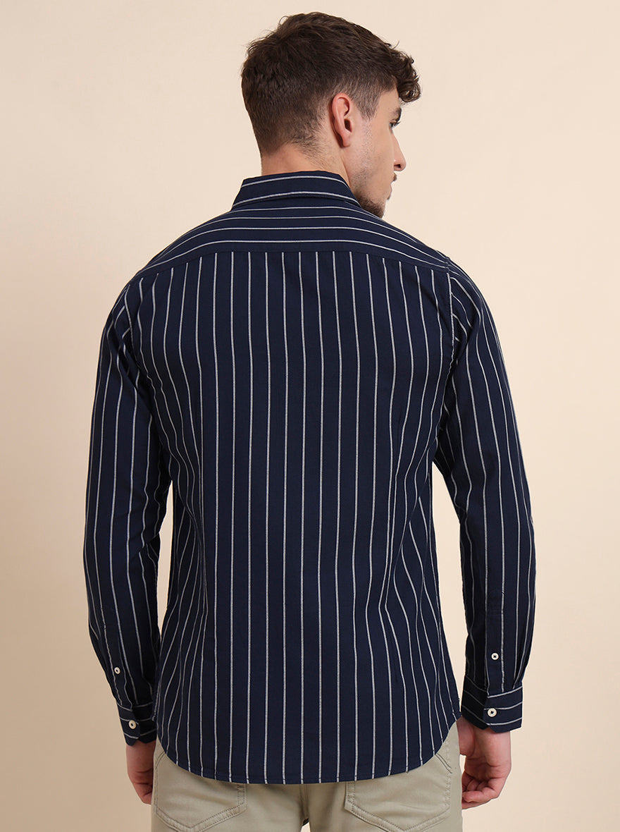Navy Blue Striped Slim Fit Casual Shirt | JadeBlue