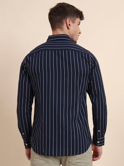 Navy Blue Striped Slim Fit Casual Shirt | JadeBlue