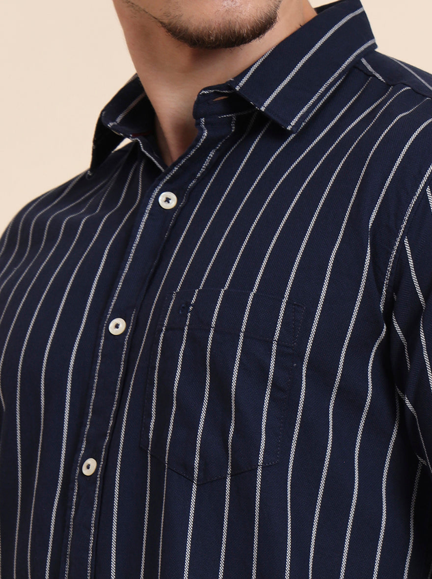 Navy Blue Striped Slim Fit Casual Shirt | JadeBlue