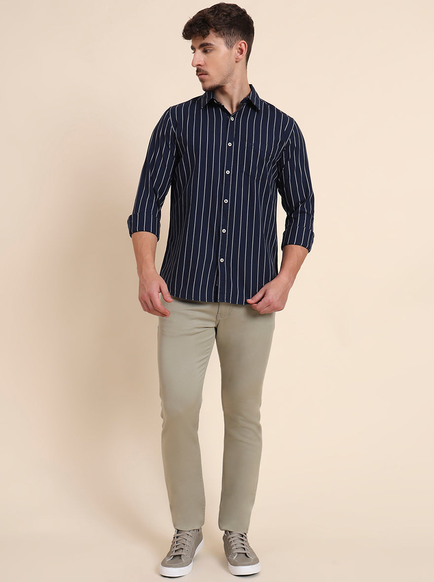 Navy Blue Striped Slim Fit Casual Shirt | JadeBlue