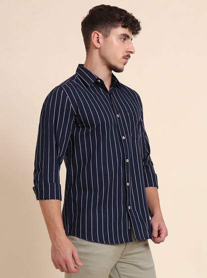 Navy Blue Striped Slim Fit Casual Shirt | JadeBlue