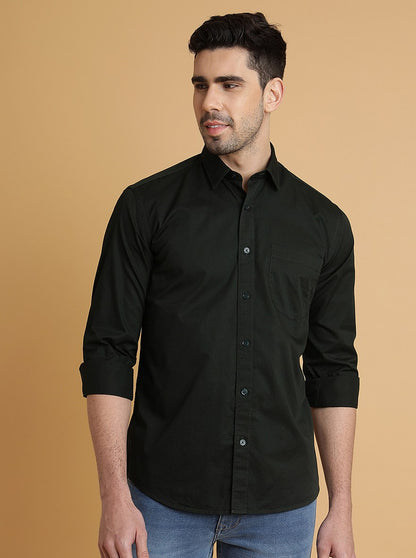 Bottle Green Solid Slim Fit Semi Casual Shirt | JadeBlue