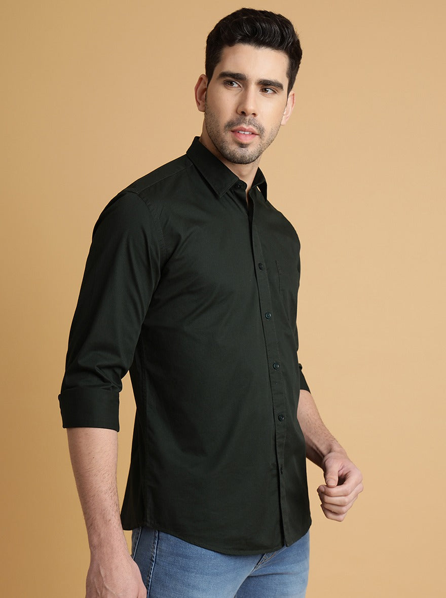 Bottle Green Solid Slim Fit Semi Casual Shirt | JadeBlue