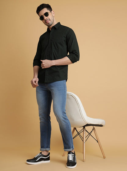 Bottle Green Solid Slim Fit Semi Casual Shirt | JadeBlue
