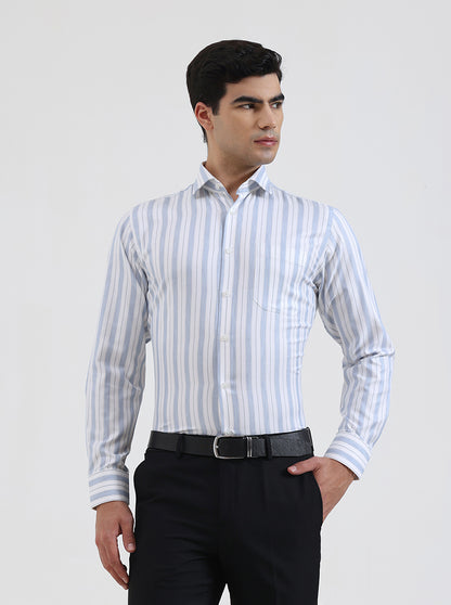 White & Blue Striped Slim Fit Formal Shirt | Greenfibre
