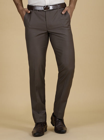 Brown Solid Slim Fit Formal Trouser | Metal