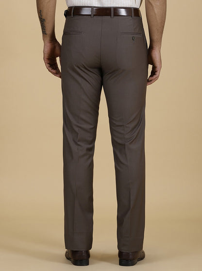 Brown Solid Slim Fit Formal Trouser | Metal